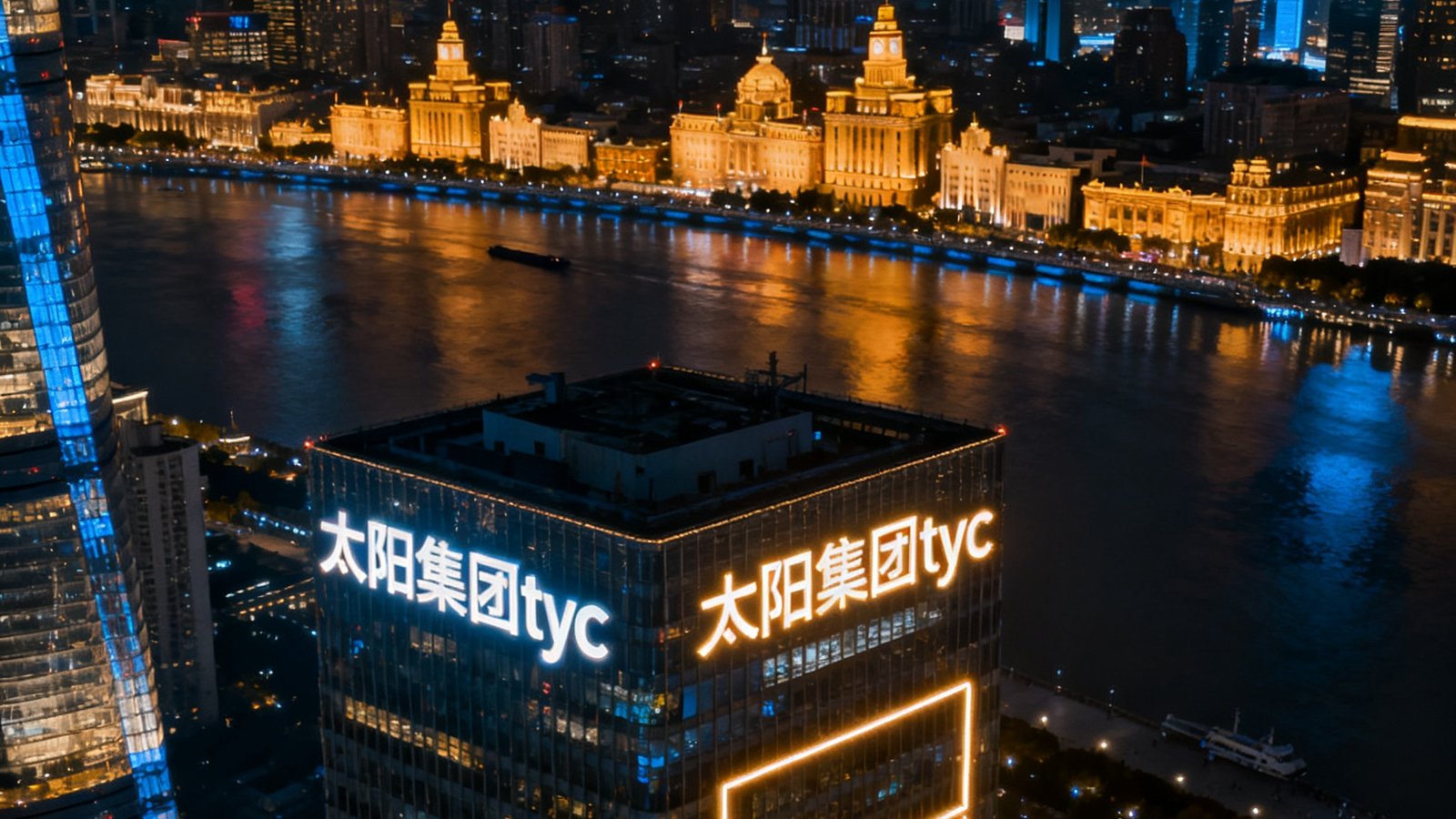 太阳集团tyc上海总部所在的陆家嘴环球金融中心大厦夜景外观，楼体58层灯光勾勒出集团标识轮廓，黄浦江对岸外滩灯火璀璨