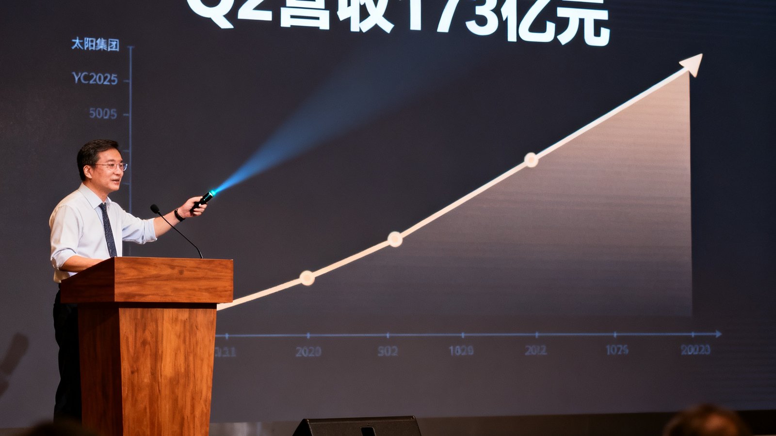 太阳集团tyc2025年第二季度财报发布会现场，台上发言人正在展示营收增长曲线图，背景大屏幕显示'Q2营收173亿元'字样