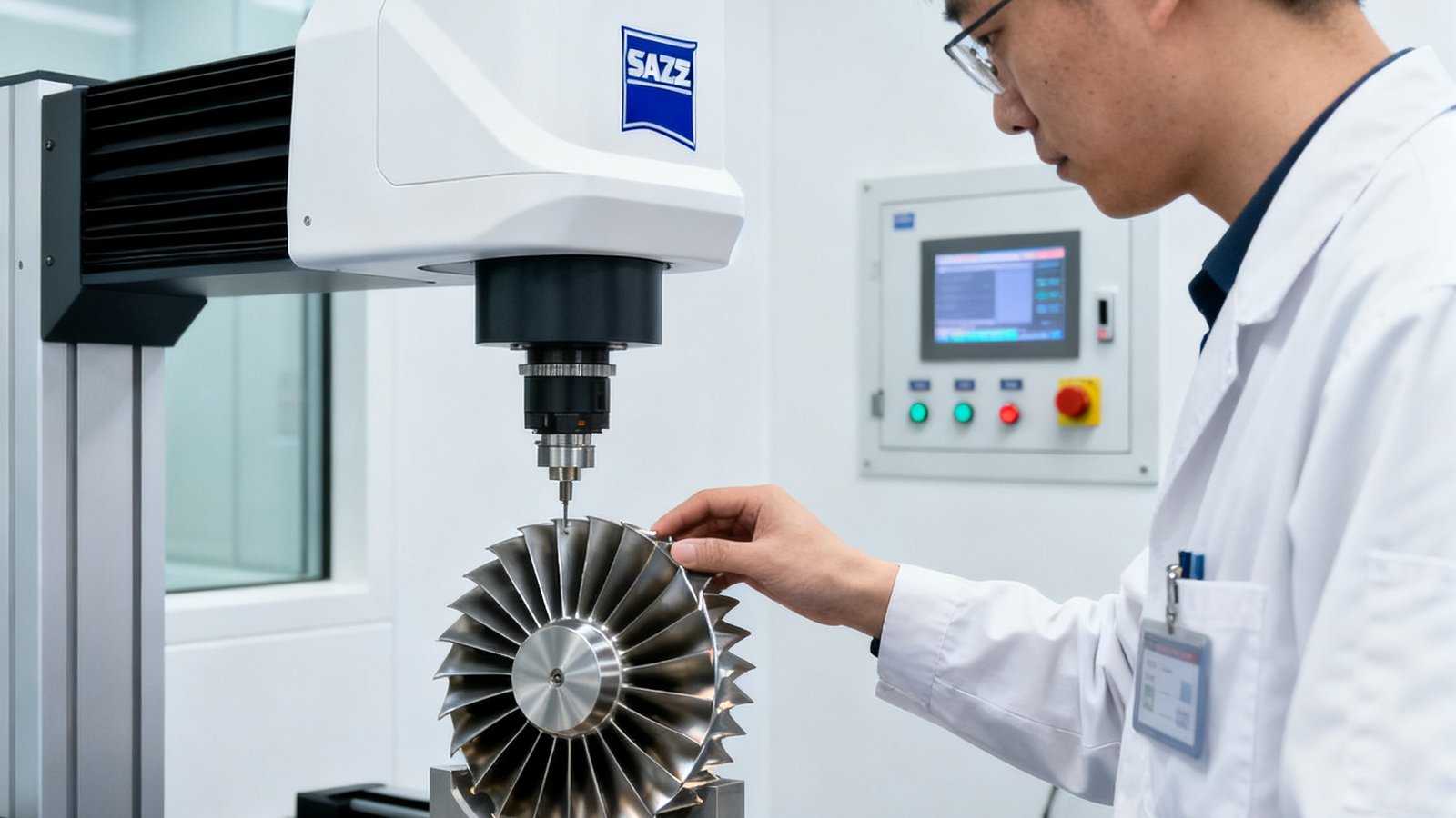 太阳集团tyc上海研发中心内的精密测量实验室，一名工程师正在操作蔡司三坐标测量仪对涡轮叶片进行微米级检测，背景为恒温恒湿环境控制面板