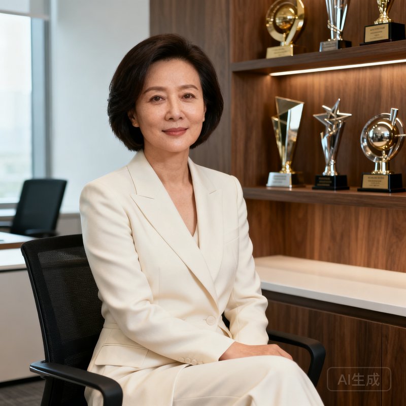 太阳集团tyc首席执行官林若溪女士近照，45岁左右，短发干练形象，穿着米白色商务套装，坐在现代风格办公室中，身后书架陈列工业设计奖杯
