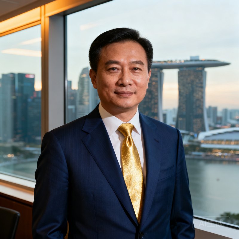 太阳集团tyc贸易事业部总裁王瑞锋先生半身照，42岁，深蓝色西装搭配金色领带，站在新加坡滨海湾办公室窗前